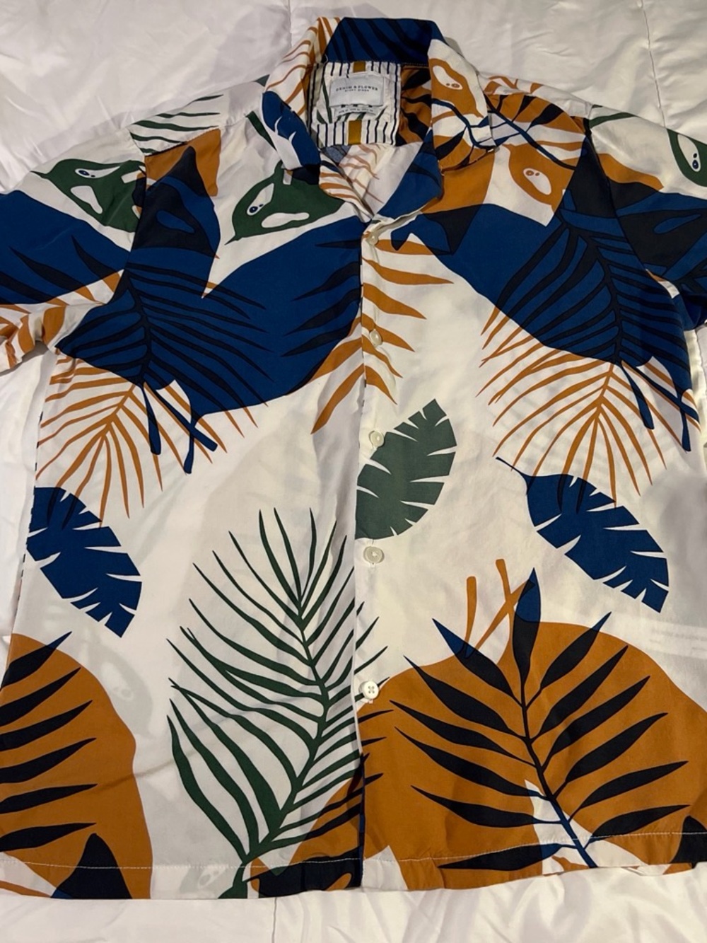 Denim & Flower White Button-Down Shirt with Blue, Green & Mustard Leaf Print